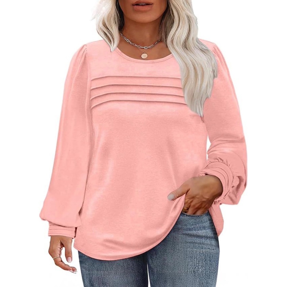 Eytino Womens‎ Plus Size Pink Pleated Knit Long Sleeve Blouse Crewneck Top 5XL